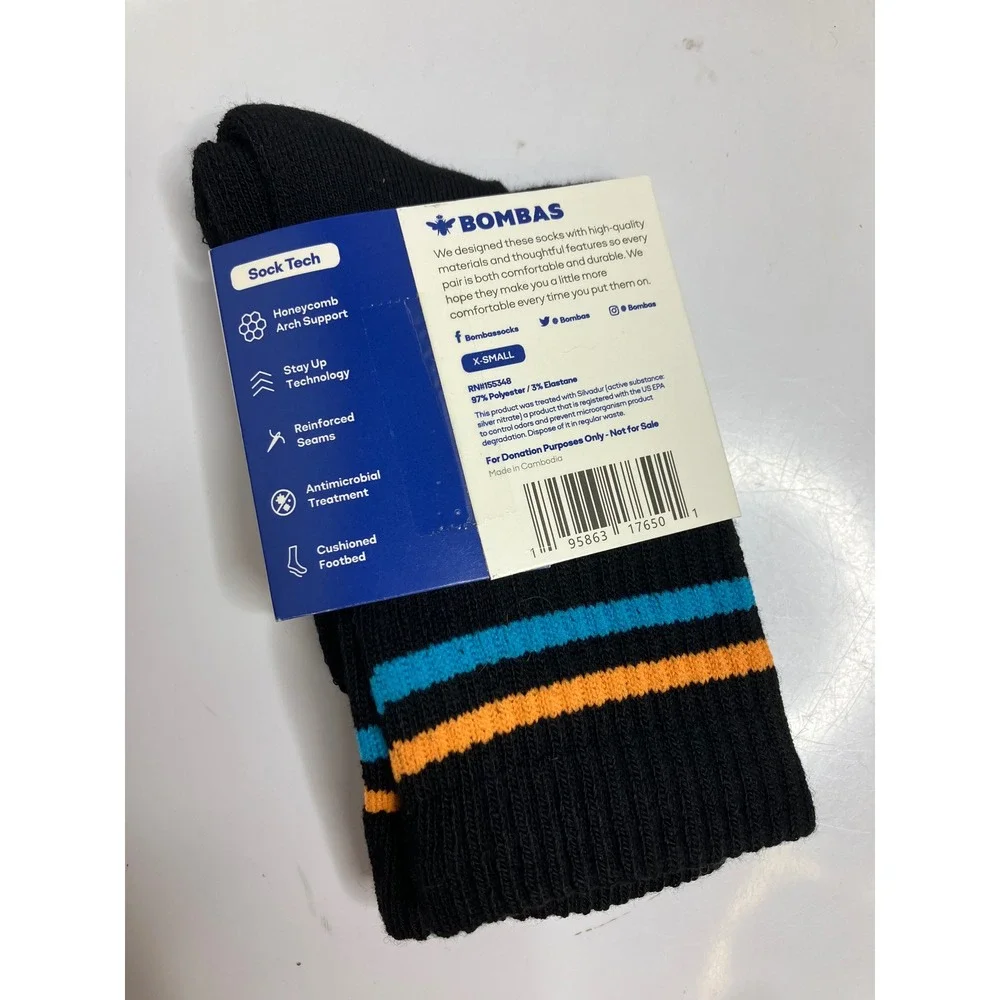 Bombas Crew Socks Kids XS Black NWT 4 Pair Bundle Striped Athletic Cushion